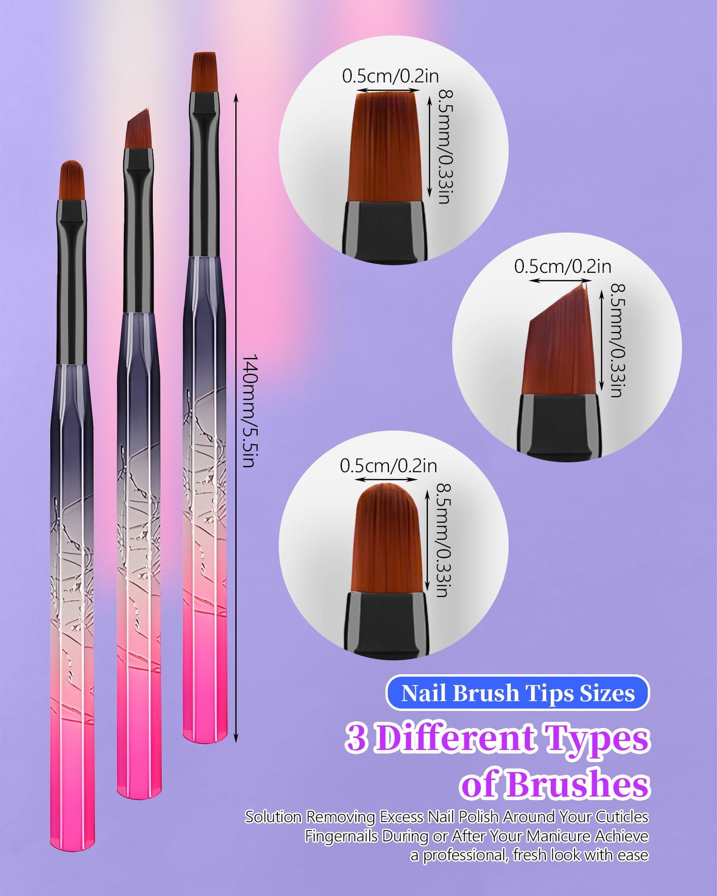 AMilHiTon for OPI Nail Polish Remover Brush, 3PCS Nail Art Clean Up Brushes, Round/Angled/flat Acetone Resistant Gel Nails Art Designs and Tidying Up Polish Mishaps on Cuticles