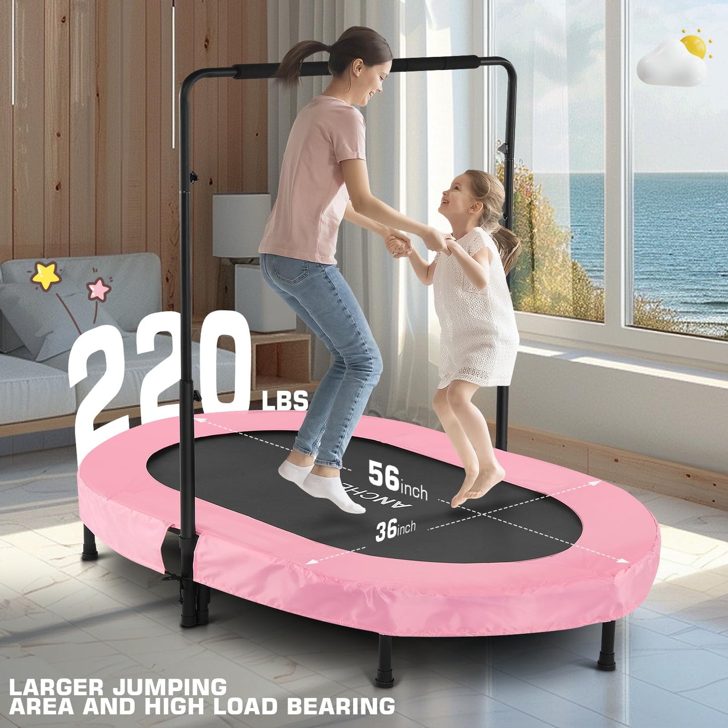 ANCHEER Foldable Trampoline, Mini Rebounder Trampoline with Adjustable Handle, Exercise Trampoline for Indoor/Garden/Workout Cardio, Parent-Child Twins Trampoline Max Load 220lbs (Training Pink)