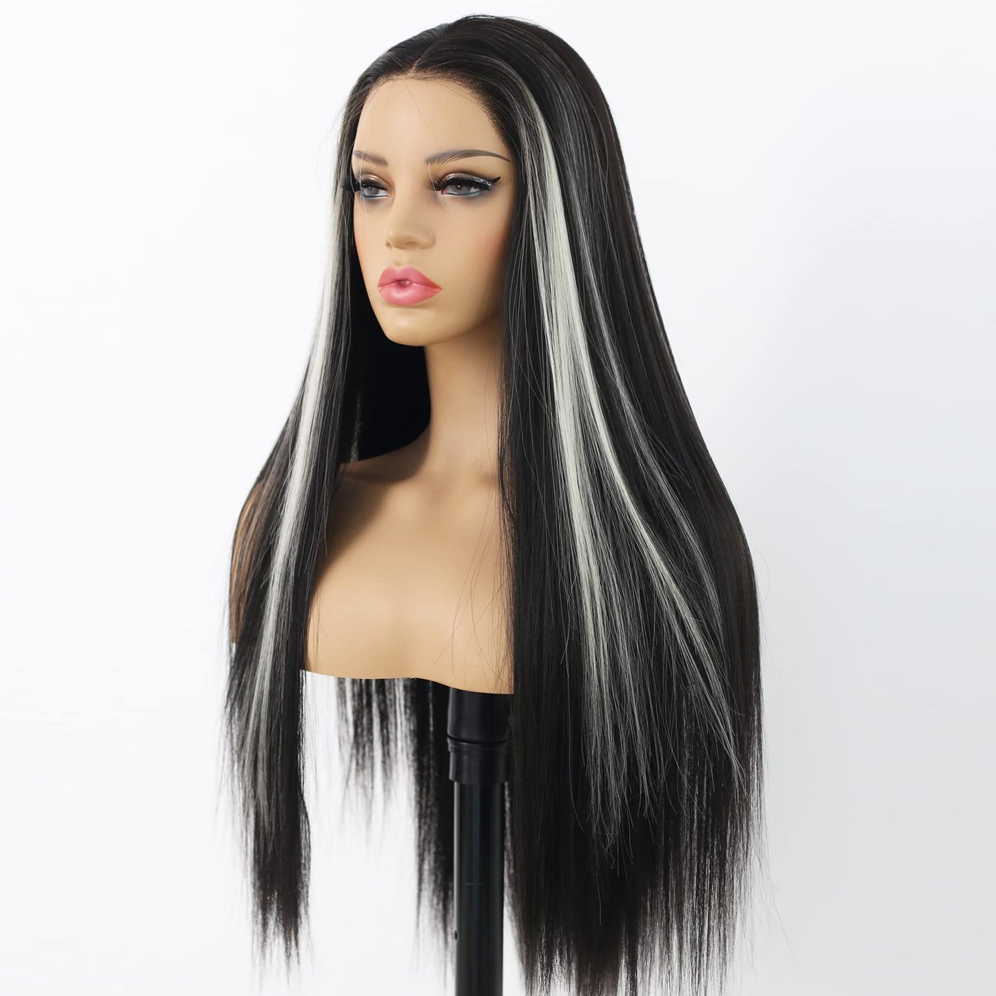 ANDRIA Lace Front Wigs Straight Hair Glueless Synthetic Long Silk Natural Wig Heat Resistant Fiber Black and White Skunk Stripe Colorful With Baby For Women 24 Inches