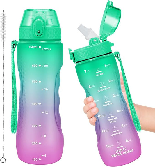 OLDLEY Kids Water Bottle for School, 25 oz (Straw Lid) BPA-Free Reusable Leak-proof Durable Tritan Plastic Water Bottles with One-handed Opening Straw Lids, Anti-dust Spout Cover (Blue-Purple)