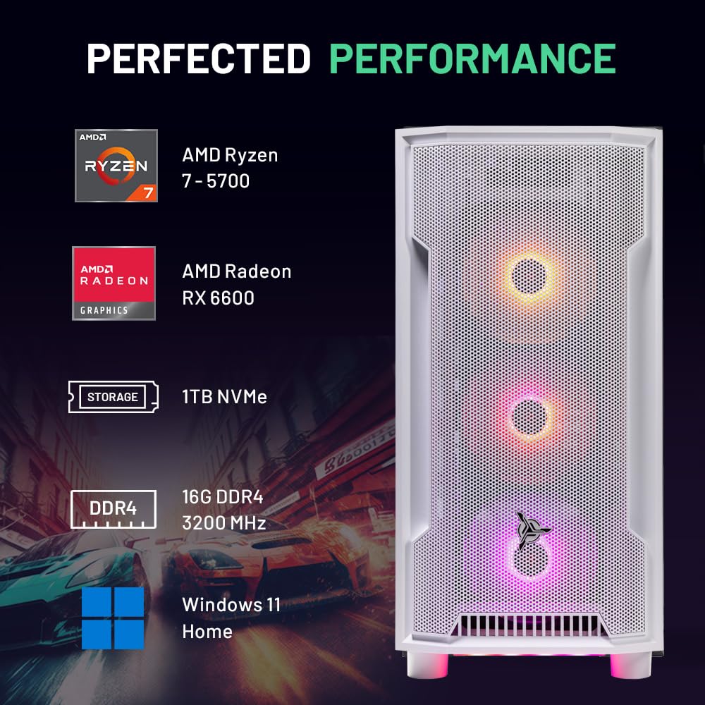 Skytech Gaming Archangel Desktop PC, Ryzen 7 5700 3.7 GHz (4.6GHz), AMD RX 6600 8GB, 1TB NVMe SSD, 16GB DDR4 RAM 3200, 650W Gold PSU, Wi-Fi, Win 11