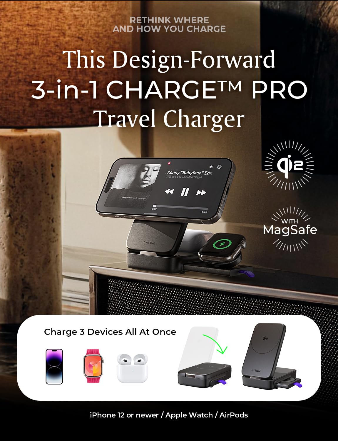 LISEN 3-in-1 Charging Station for iPhone 16 Fast Charger 15W Qi2 Certified Foldable Magsafe Charger Stand for Apple Multiple Devices,Wireless Nightstand for iPhone, AirPods,Apple Watch,Travel Charger