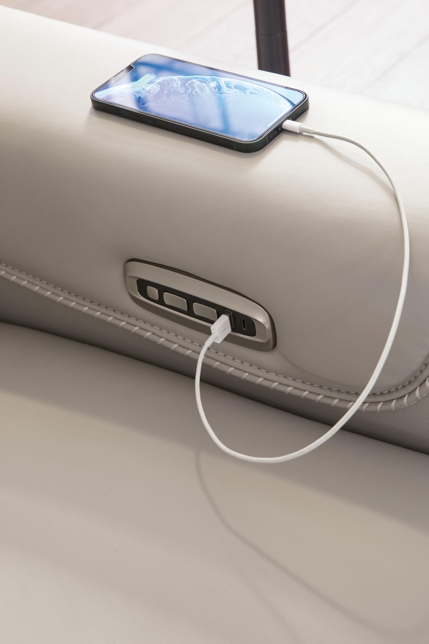 Signature Design by Ashley Mercomatic Contemporary Leather Match Wall Hugger Power Recliner with Adjustable Headrest and USB Ports, Light Gray