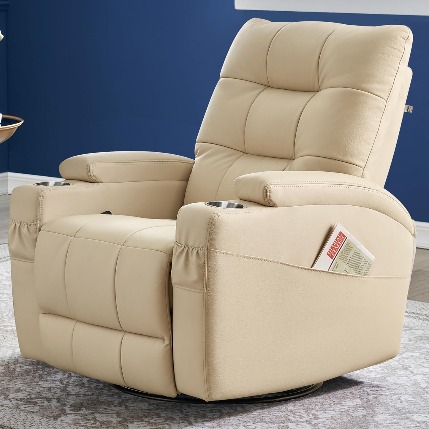 AIRSKY Genuine Leather Recliner Chair, Swivel and Rocking, Italian Water-Washing Process, Nursery Glider Recliner, Glider Rocking Chair, Nursery Chair, Swivel Rocker Recliner, R2, Beige