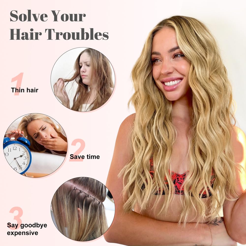 ALXNAN Clip in Long Wavy Hair Extension 20 Inch Honey Blonde to Bleach Blonde Hair Extensions 4PCS Thick Hairpieces Fiber Double Weft Hair for Women