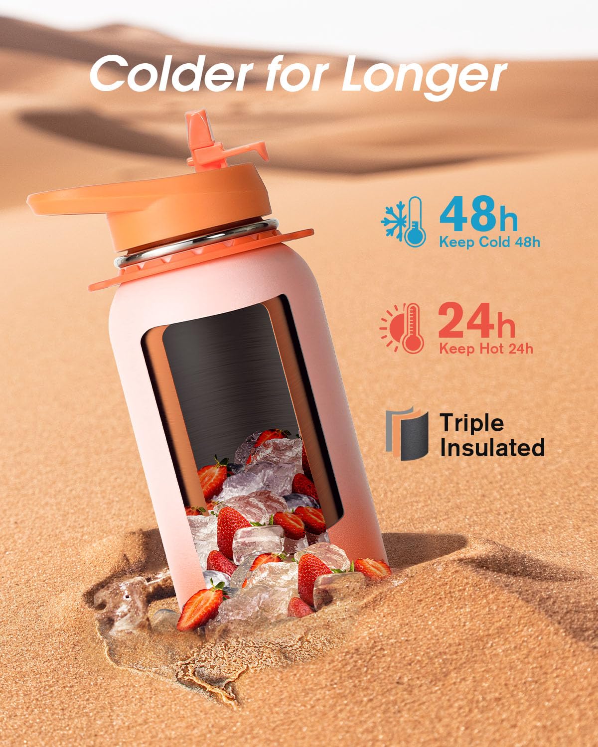 Coolflask Insulated Water Bottle with Straw, 40 oz Metal Water Flask with Straw & Spout Lids, Stainless Steel Double Wall Vacuum, Keep Cold 48h Hot 24h, Leak Proof & Non-BPA, Sunny Orange