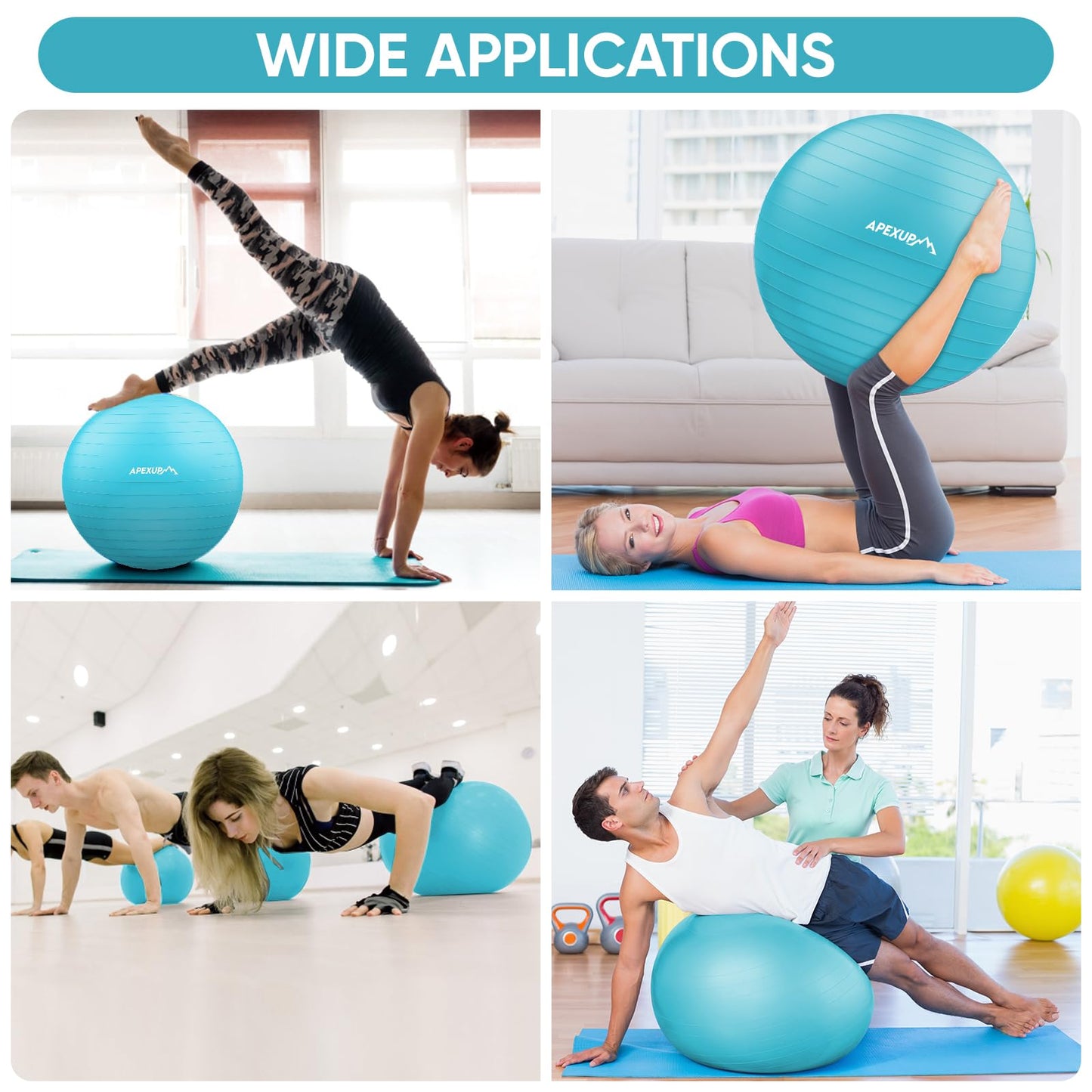 APEXUP Yoga Ball Exercise Ball, Anti Slip Stability Ball Chair, Heavy Duty Large Gym Ball for Fitness, Balance, Core Workout and Physical Therapy (S (15"~18") 45cm, Light Blue)