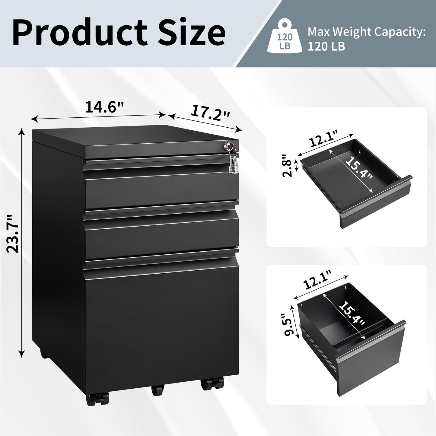 Approgreent 3 Drawer File Cabinet for Home Office, Under Desk Mobile Filing Cabinet with Lock for A4-Size/Letter-Size/Legal-Size, Black (HSEJ-3D)