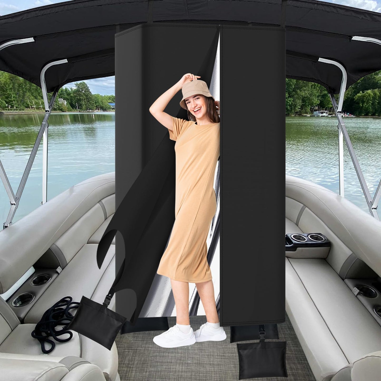 Yexcend Privacy Tent for Boats, 800D Waterproof Fabric Boat Privacy Curtain Pontoons Changing Room with Windproof Sandbags, Easy to Install Under Bimini Top, 30" D x 27" x W 72" H
