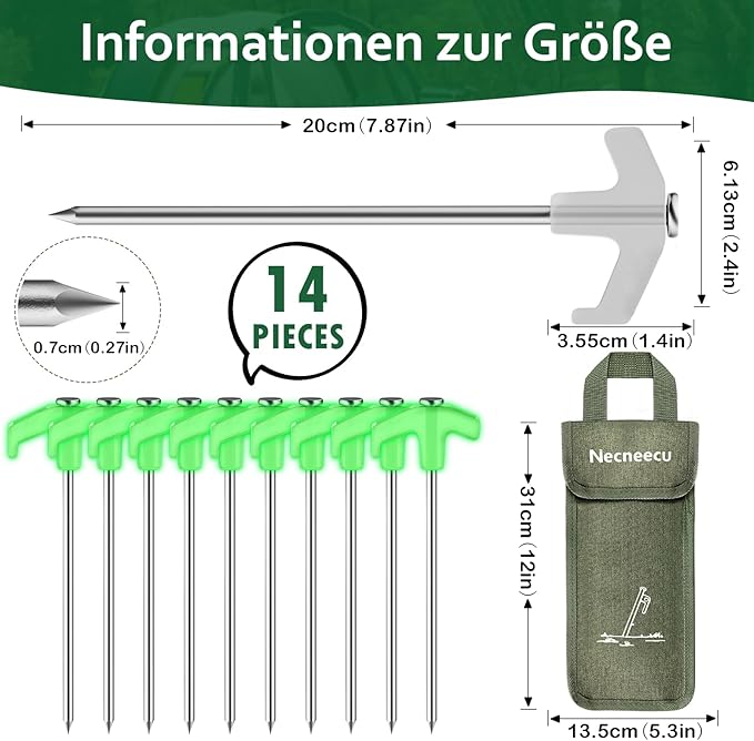 14 Pack Tent Stakes Heavy Duty, 7.8 Inch Glow-in-The-Dark Tent Pegs for Garden, Camping, Outdoor Hiking, Fishing and Camping