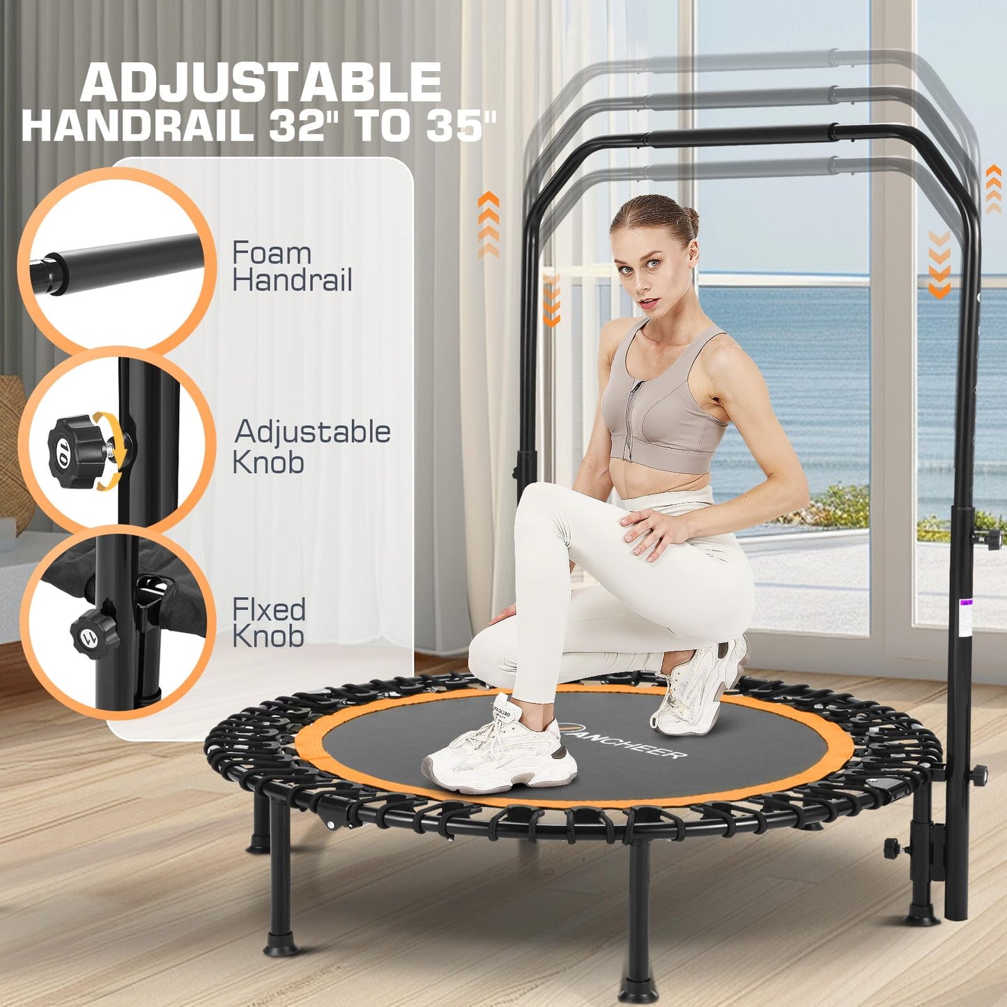 ANCHEER 40" Foldable Mini Trampoline - Max Load 350lbs - 450lbs Indoor Trampoline - with 4 Level Adjustable Foam Handle and Resistance Bands - Adult Exercise Trampoline for Home,Gym and Garden(O)