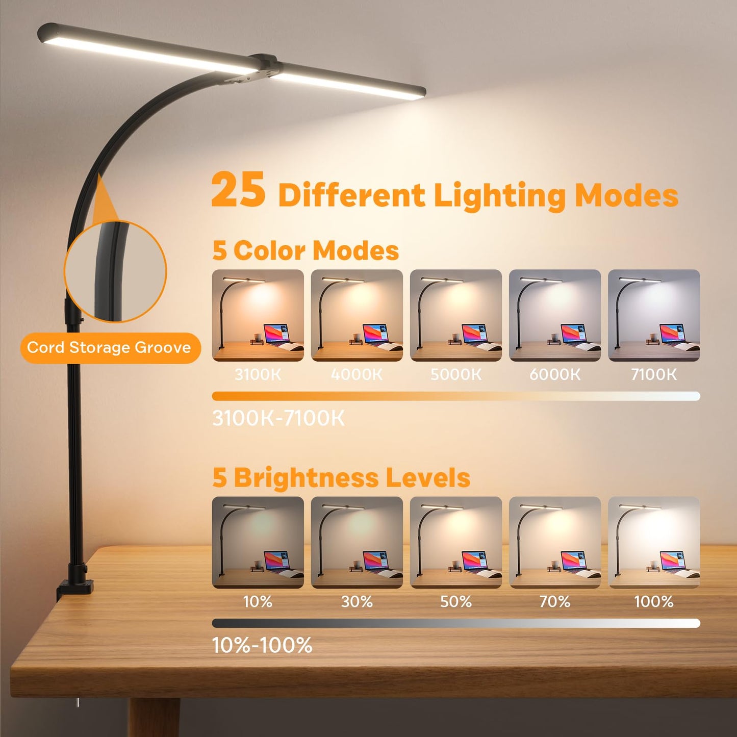 APMIEK LED Desk Lamp for Home Office, Remote Control Computer Desk Light Bright Table Lamp for Study Dimmable Desktop Lighting with Clamp Adjustable Gooseneck, Double Head, 24W, Black