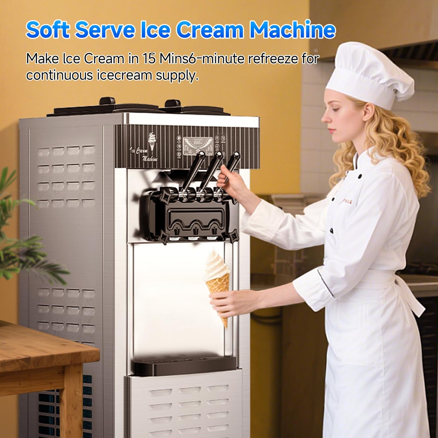 EKway Soft Serve Ice Cream Machine,28 QT/H Yield 2450W Vertical Commercial Ice Cream Machine With 2x6L Hopper 3 Dispensers,LCD Panel Auto Clean Pre-cooling,Frozen Yogurt Maker for Restaurant Snack Bar