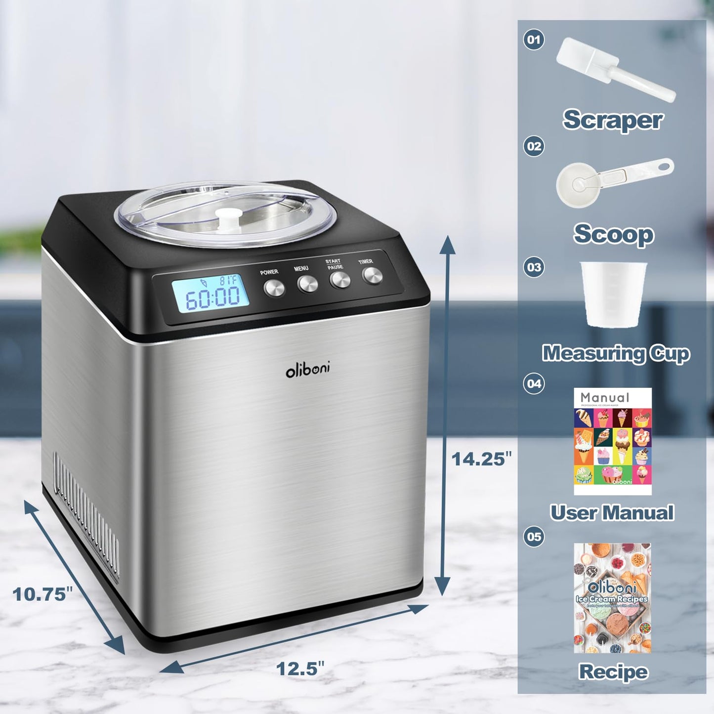 2.6 Qt Ice Cream Maker with Compressor, LCD Digital Display & Timer, No Pre-freezing, Countertop Gelato Makers, Automatic Ice Cream Machine for Homemade Use, Stainless Steel, 10-year Repair Service