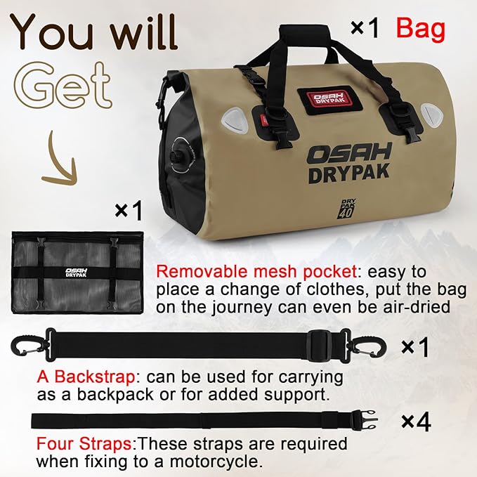 Waterproof Duffel Bag - Motorcycle Dry Bag Tail Bag with Large Storage Space, Waterproof Luggage Duffle Bags with Outer Mesh Zipper Pocket for Camping, Kayaking, Fishing & Traveling