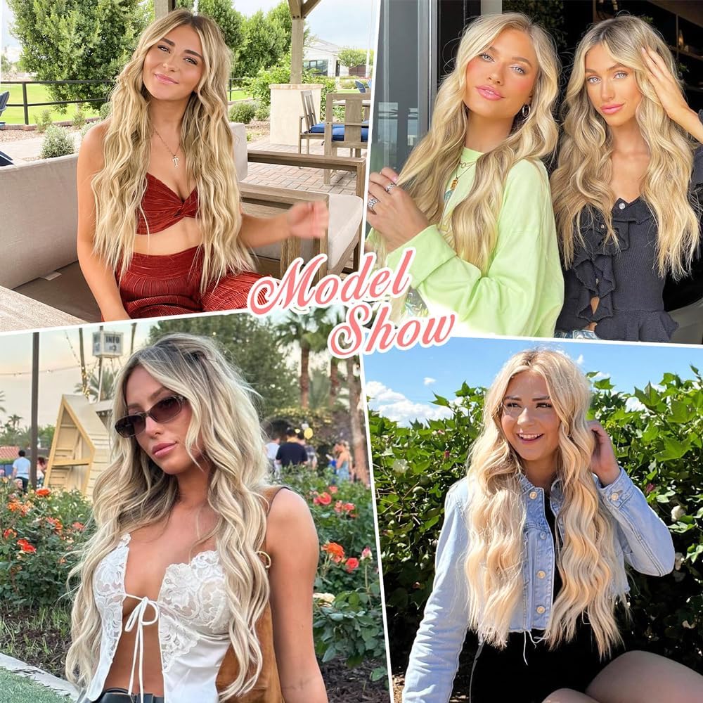 ALXNAN Clip in Long Wavy Synthetic Hair Extension 16 Inch Beach Blonde 4PCS Thick Hairpieces Fiber Double Weft Hair for Women
