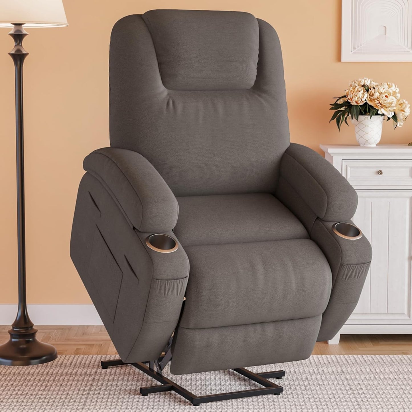 Flamaker Power Lift Recliner Chair with Massage Ergonomic Recliner Chair for Elderly People, Single Sofa with Cup Holders, Side Pockets
