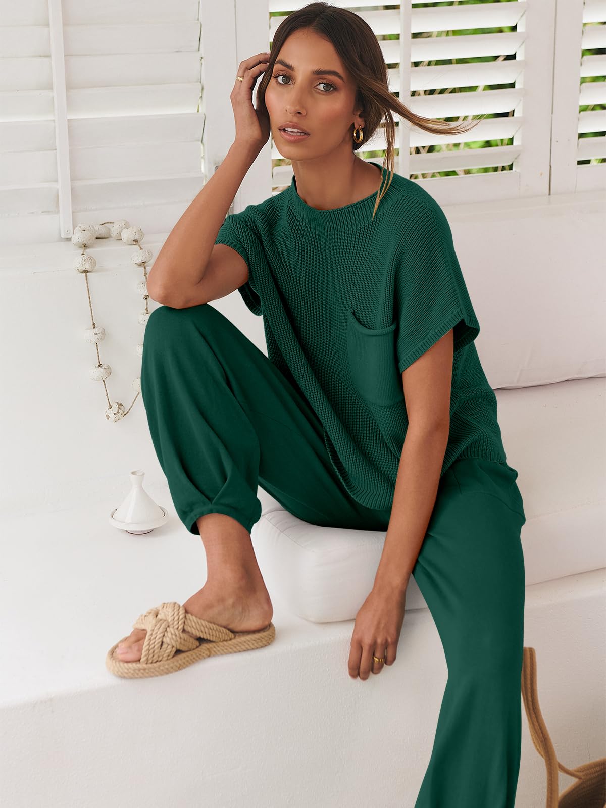 ANRABESS Women's Two Piece Outfits Knit Sweater Pullover Crop Top & Pants Lounge Matching Tracksuit Sweatsuit Sets 2024 Trendy Loungewear Clothes Dark Green X-Small