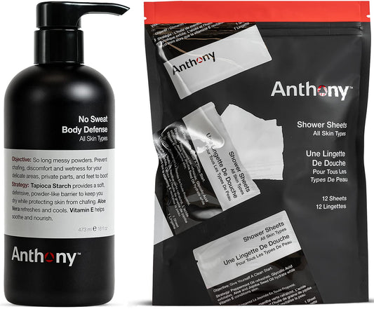 Anthony No Sweat Body Defense and Shower Sheets Bundle, Anti-Chafe Talc Free Cream To Powder Lotion, 16 Fl Oz, and Pack Of 12 Shower Sheets