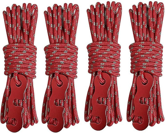 Tent Wind Ropes with Tensioners Cord Adjuster, 4pcs 13ft Reflective Rope for Camping, Hiking, Canopy Shelter, Outdoor Activity(RED)