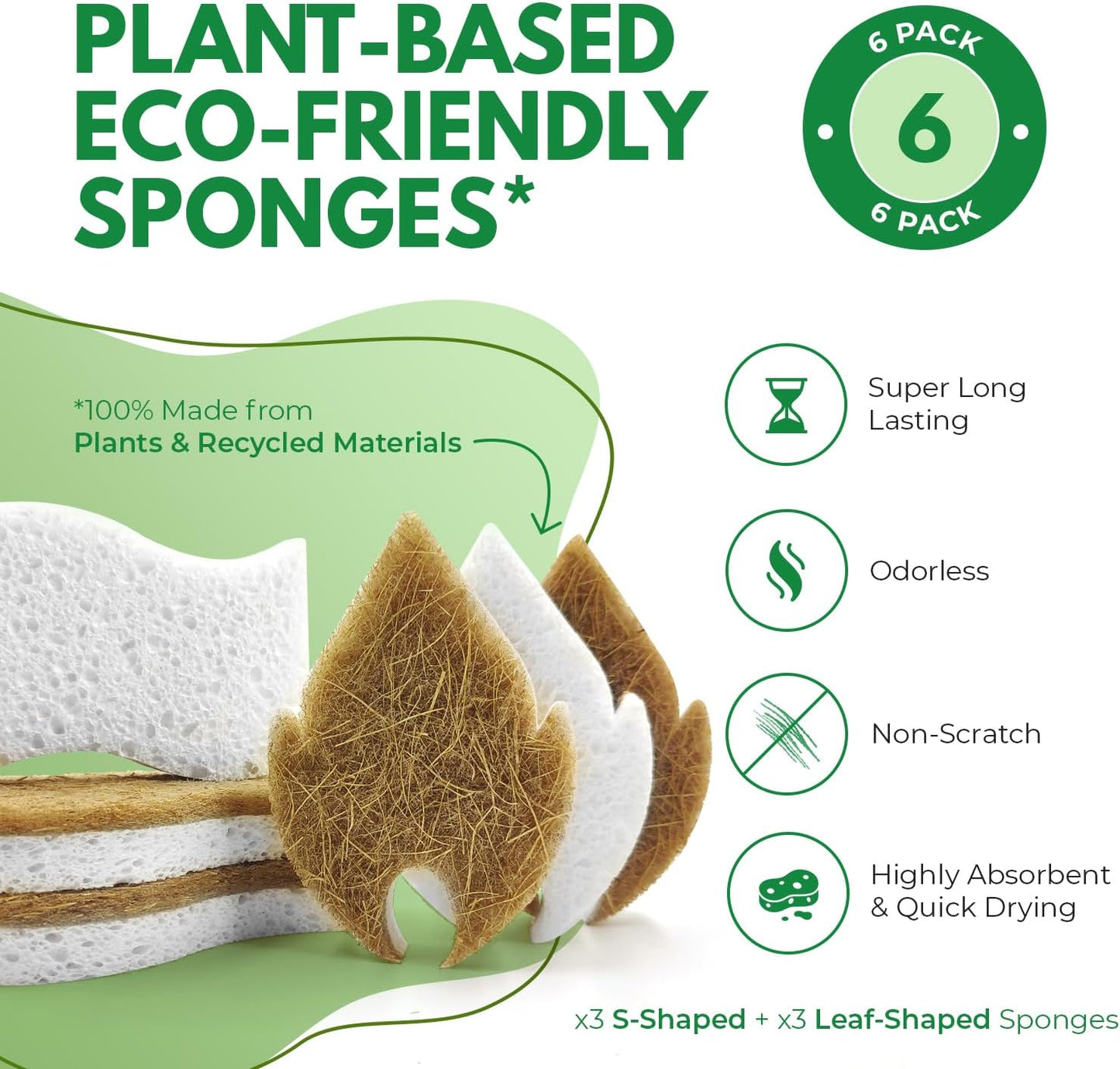 Biodegradable Natural Dish Sponges Kitchen Pack of 6 - Leaf and S-Shaped Coconut and Cellulose Scrubbers for Dishes and Surfaces - Eco Friendly Non-Scratch Heavy Duty Dish Sponges Bulk