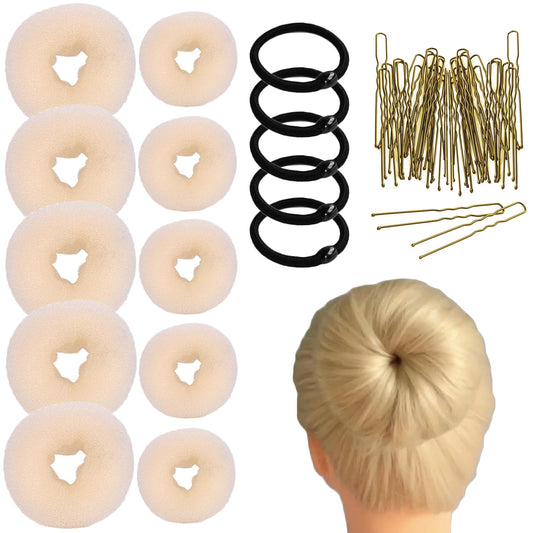 10 Pcs Hair Bun Maker - Donut Bun Maker for Hair(5 medium and 5 small),Ballet Bun for Women and Kids with Elastic Hair Ties, Hair Pins(Beige)