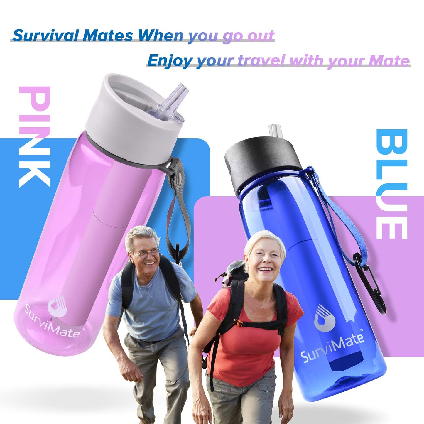 SurviMate Purified Water Bottle for Camping, Hiking, Backpacking and Travel, BPA Free with 5-Stage Intergrated Filter Straw