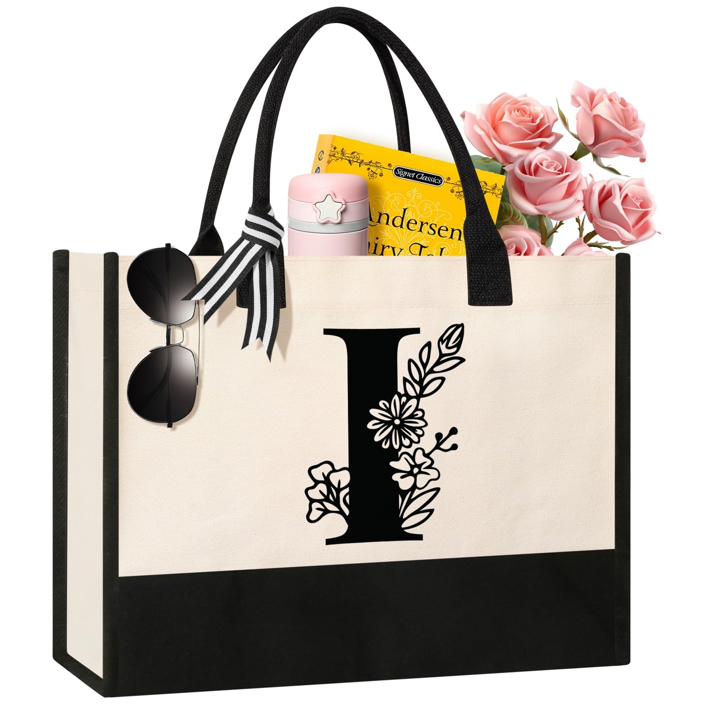 Personalized Initial Canvas Tote Bag, Suitable for Birthday, Wedding, Beach, Holiday, Gifts for Women, Mom, Teachers, Nurses, Best Friends, Bridesmaids (L)