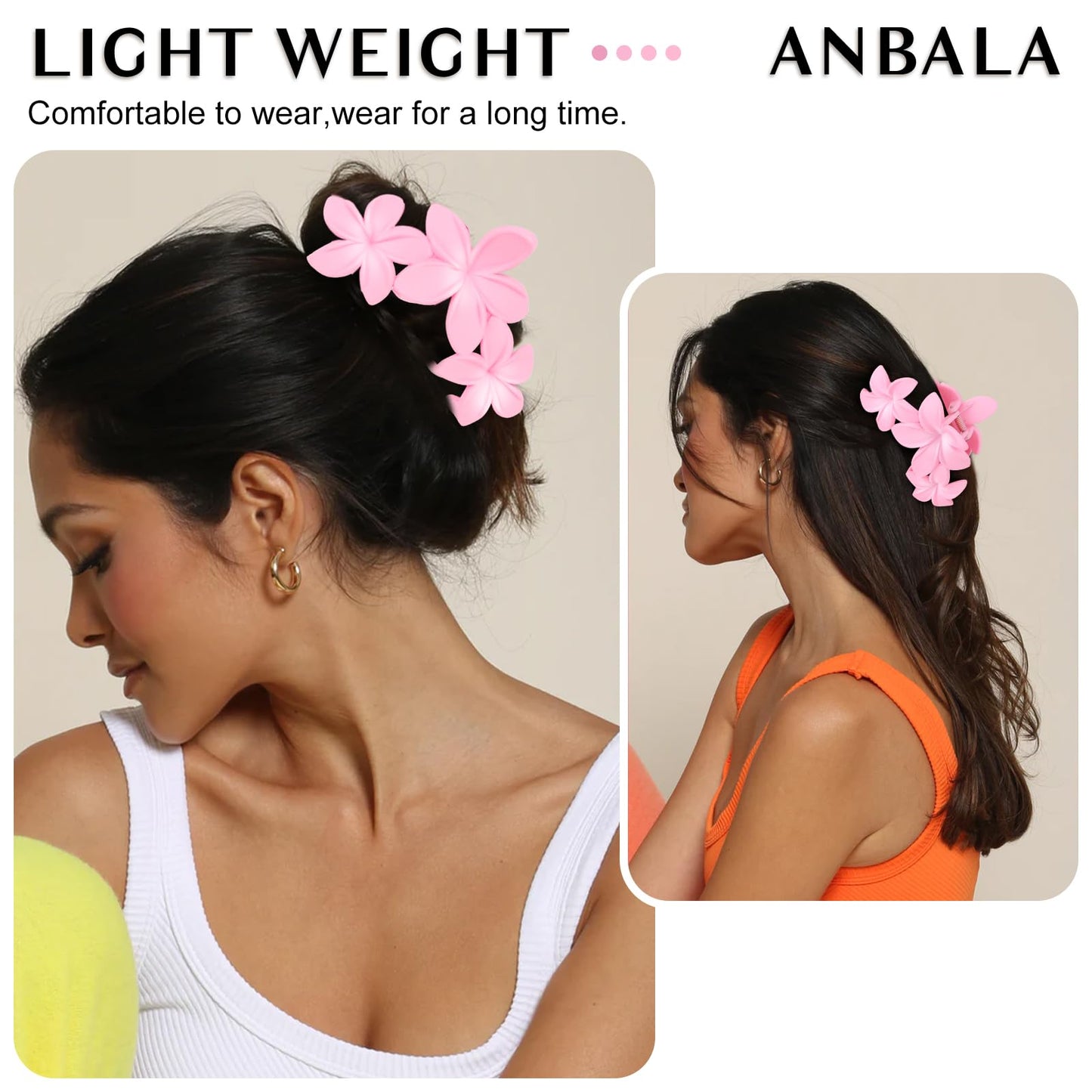 ANBALA 4PCS Flower Hair Clips, Tropical Plumeria Hair Clips for Women, Large Non-Slip Strong Hold Claw Clips, Beach Hair Accessories, Pink (4 Count)