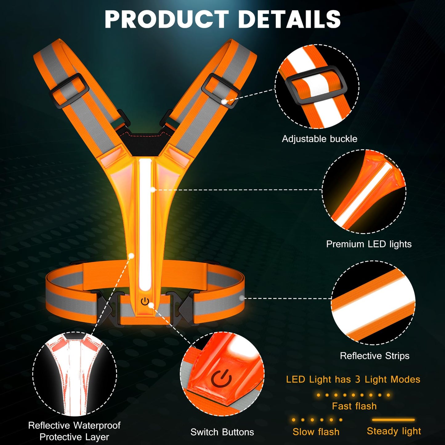 Fokia Kunbio LED Reflective Running Vest Gear,Light Up Vest Runners Night Walking USB Rechargeable,Up to 11hrs Light with Adjustable Waist/Shoulder for Women Men Kids (Orange)