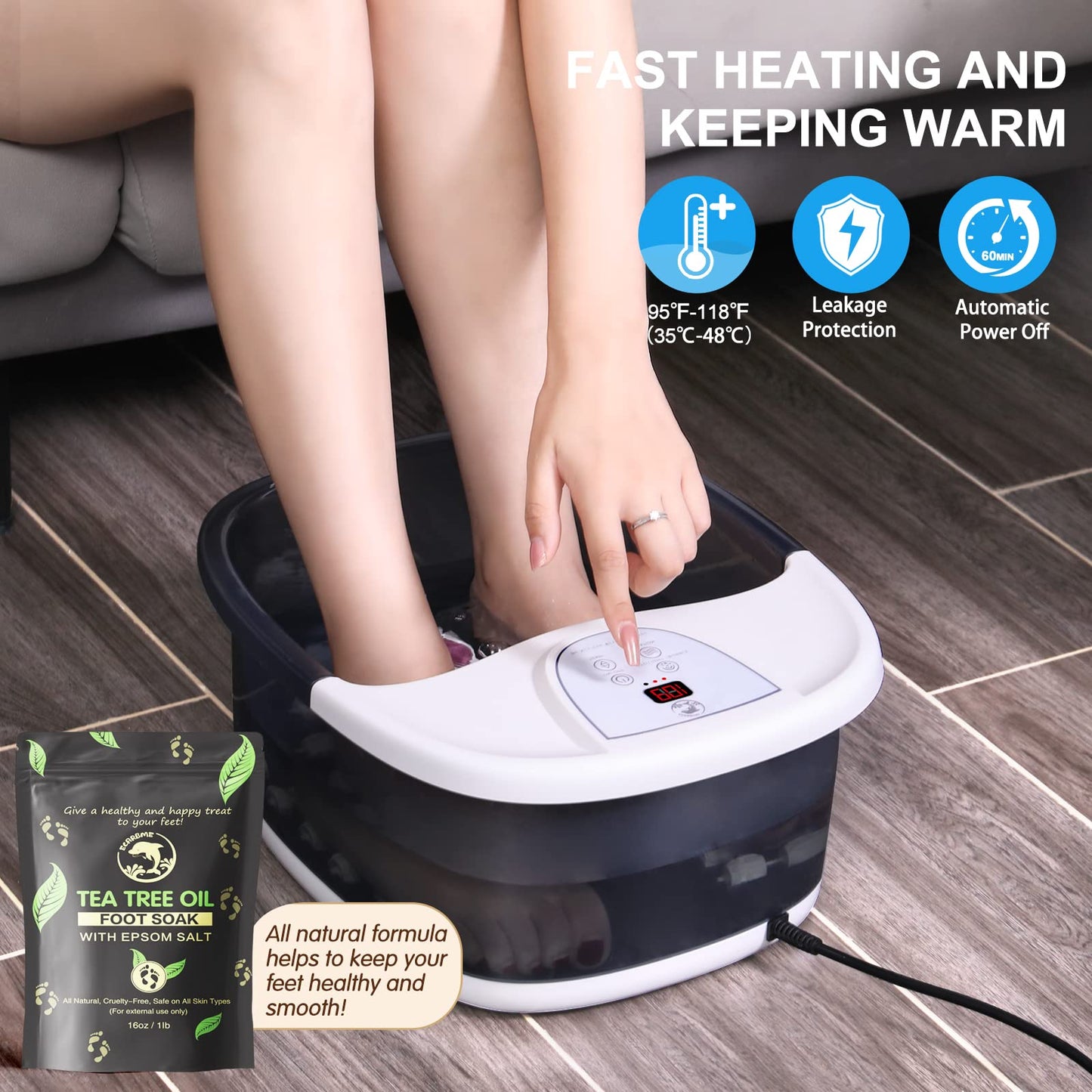 Foot Spa Bath Massager with Heat [2025 Upgraded], Jets, Vibration, Adjustable Temp, Bubbles, Epsom Salt, Foot Soaking Tub with 22 Shiatsu Massage Rollers, Pedicure Foot Spa for Relaxation, Black