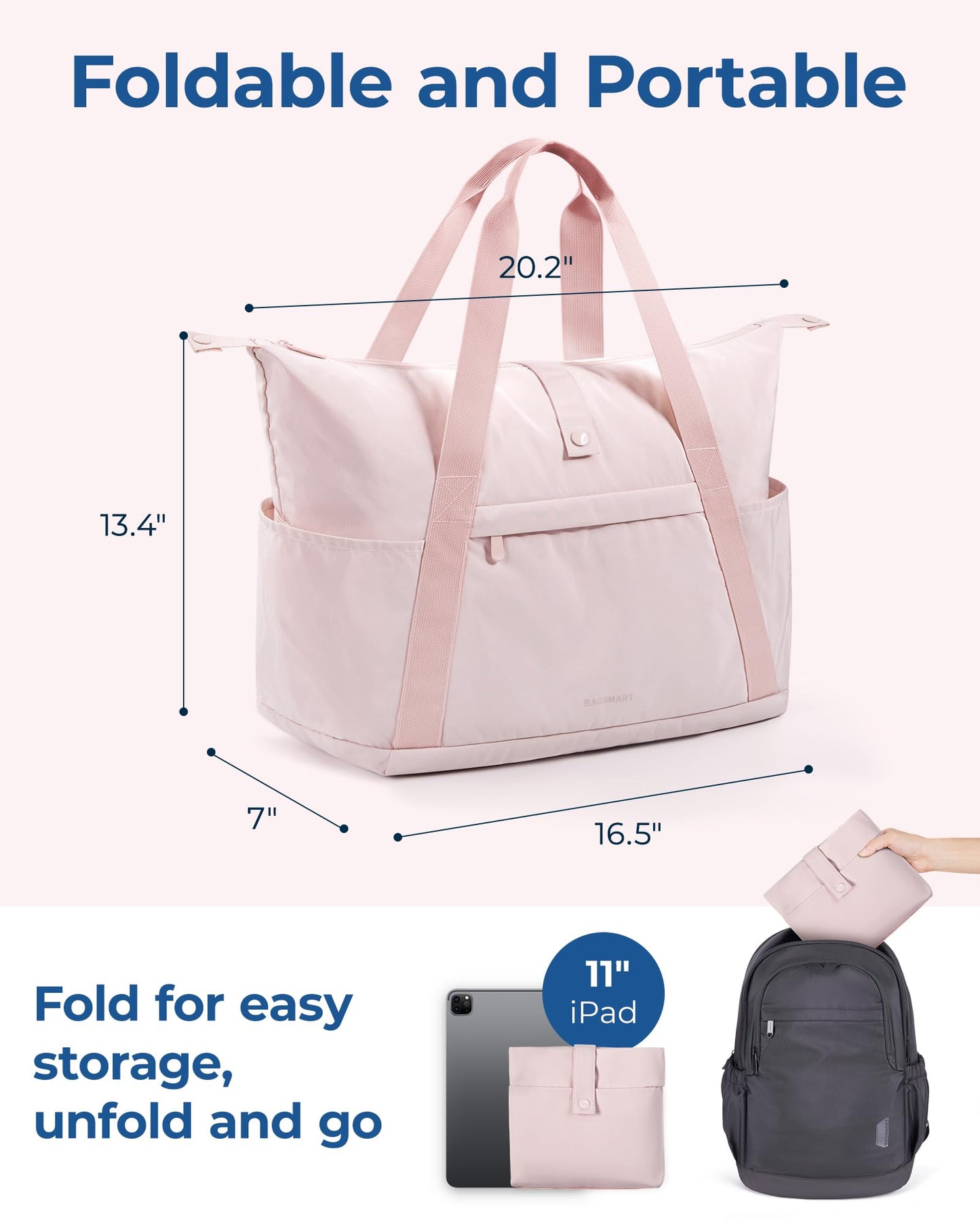 BAGSMART For Spirit Airlines Personal Item Bag, 23L Foldable Weekender Bags for Women Gym Tote Overnight Bag for Travel
