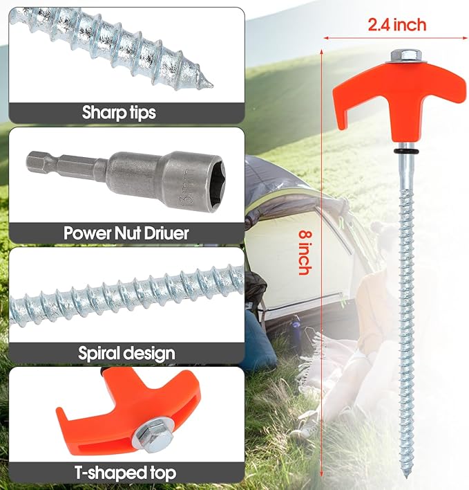 8" Screw in Tent Stakes 8PCS - Ground Anchors Screw in, Screw in Tent Stakes Heavy Duty, Galvanized - Tent Pegs Camping Stakes, Metal Threaded Tent Spikes with Hex Head Driver and Storage Bags (4)