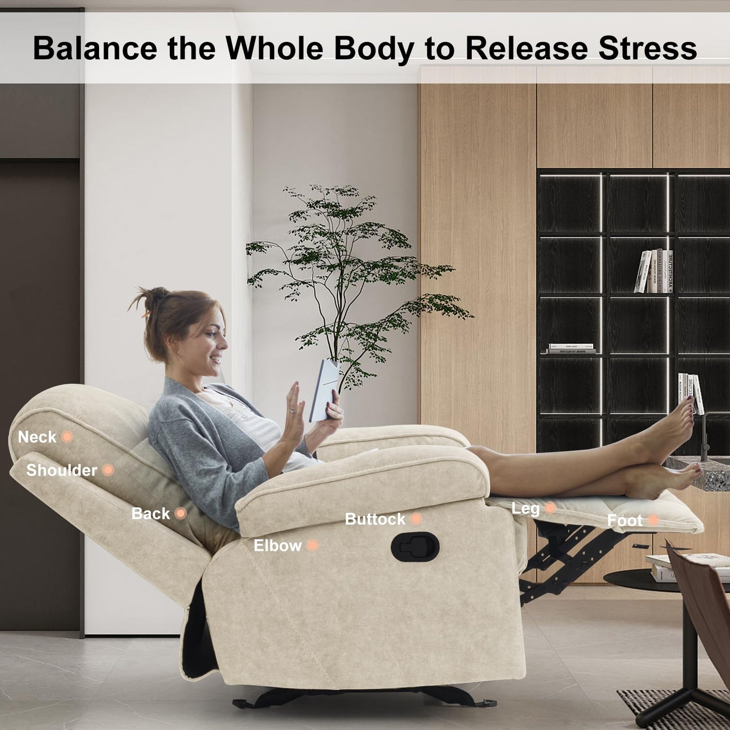 KeyEnergy Rocker Recliner Chair for Adults, Manual Glider Chair for Nursery, Reclining Single Sofa Chair for Living Room, Upholstered Fabric Armchair, High Back, Deep Seat, Beige