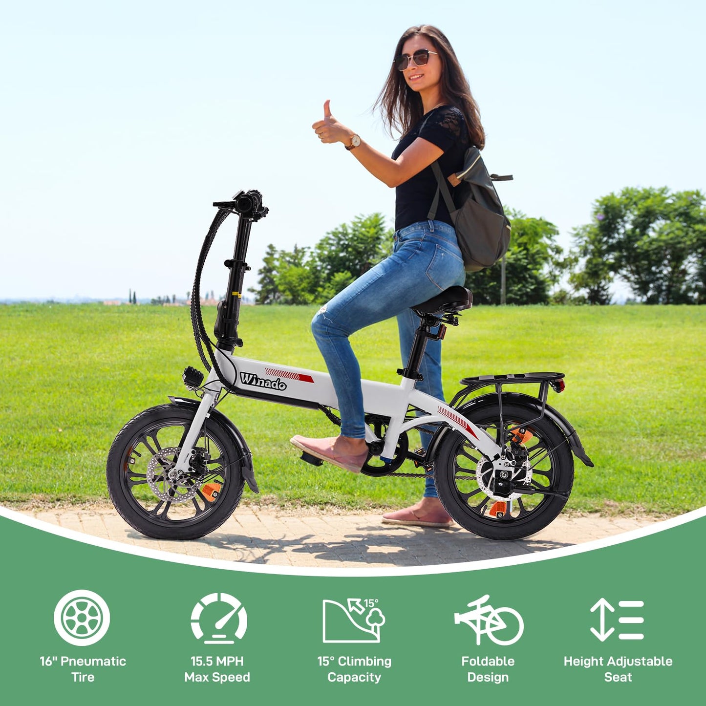 Winado 16" Electric Bike for Adults, Folding E-Bike 350W Motor with Dual Disc Brakes, Max Range 35Miles(Pedal-Assist) & Speed 15.5Mph, Foldable Commuter City Bicycle for Adults/Teens, White