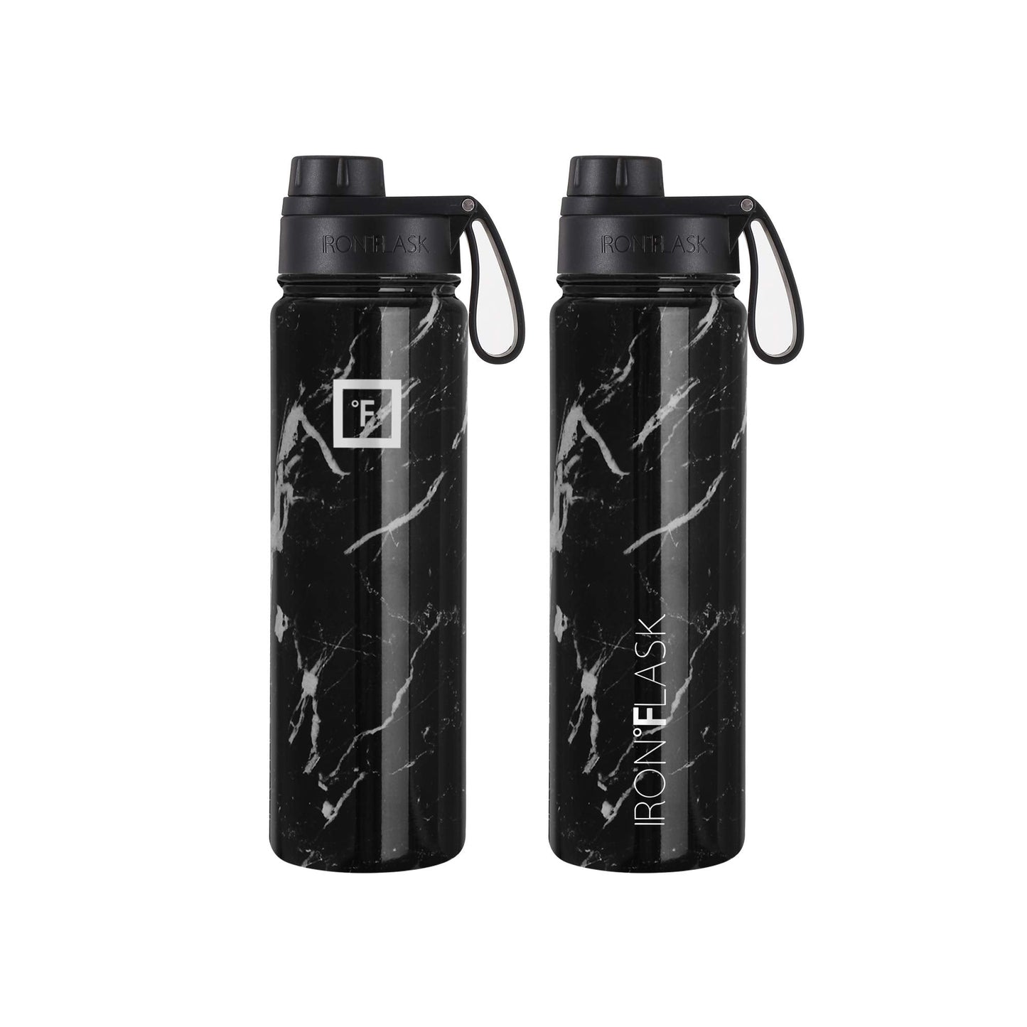 IRON °FLASK Camping & Hiking Hydration Flask, Wide Mouth, 3 Spout Lids, Stainless Steel Outdoor Water Bottle, Double Walled, Insulated Thermos, Metal Canteen - Black Marquina, 22 Oz