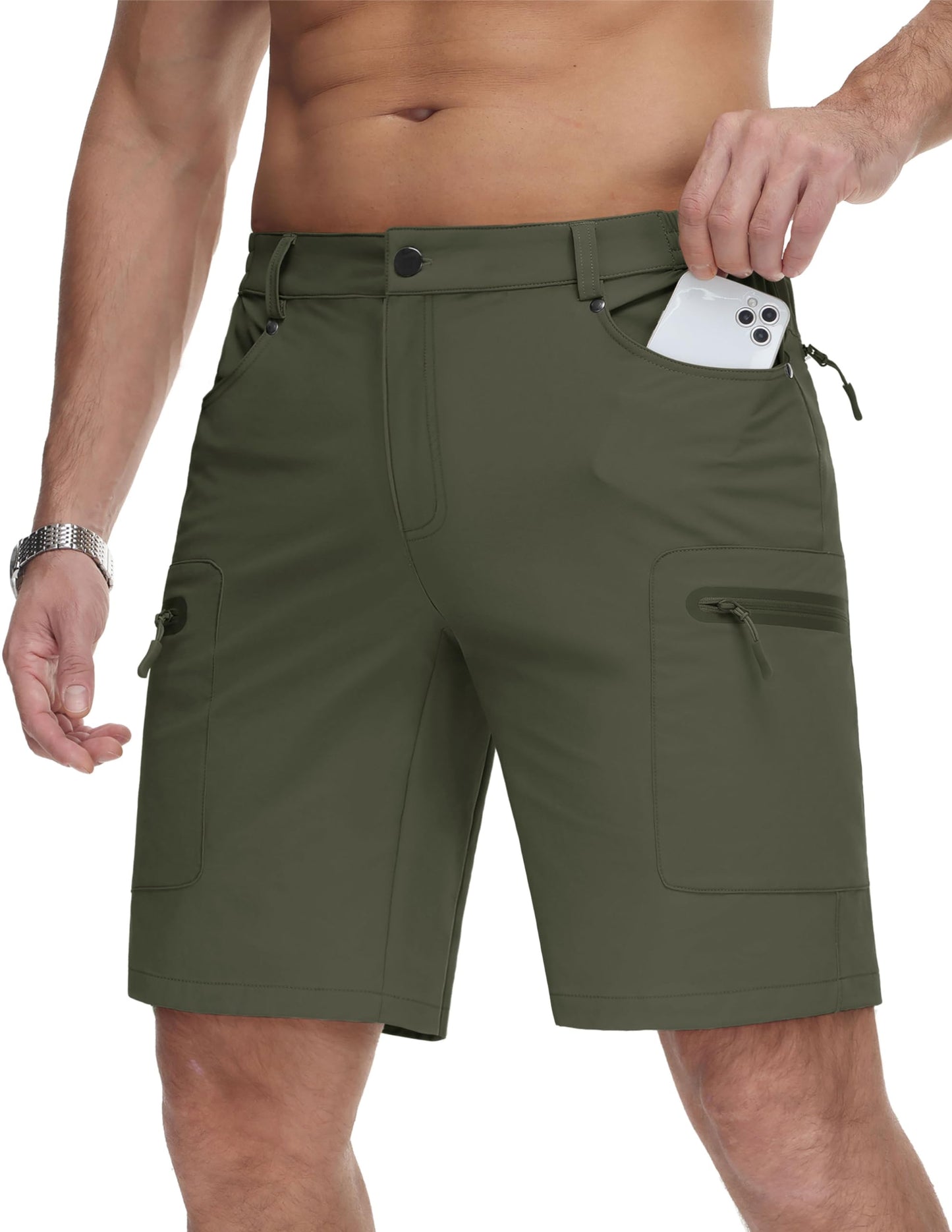 MAGCOMSEN Men's Golf Shorts Breathable Dry Fit Cargo Work Shorts Stretch Athletic Gym Hiking Fishing Short 3 Zipper Pockets Army Green
