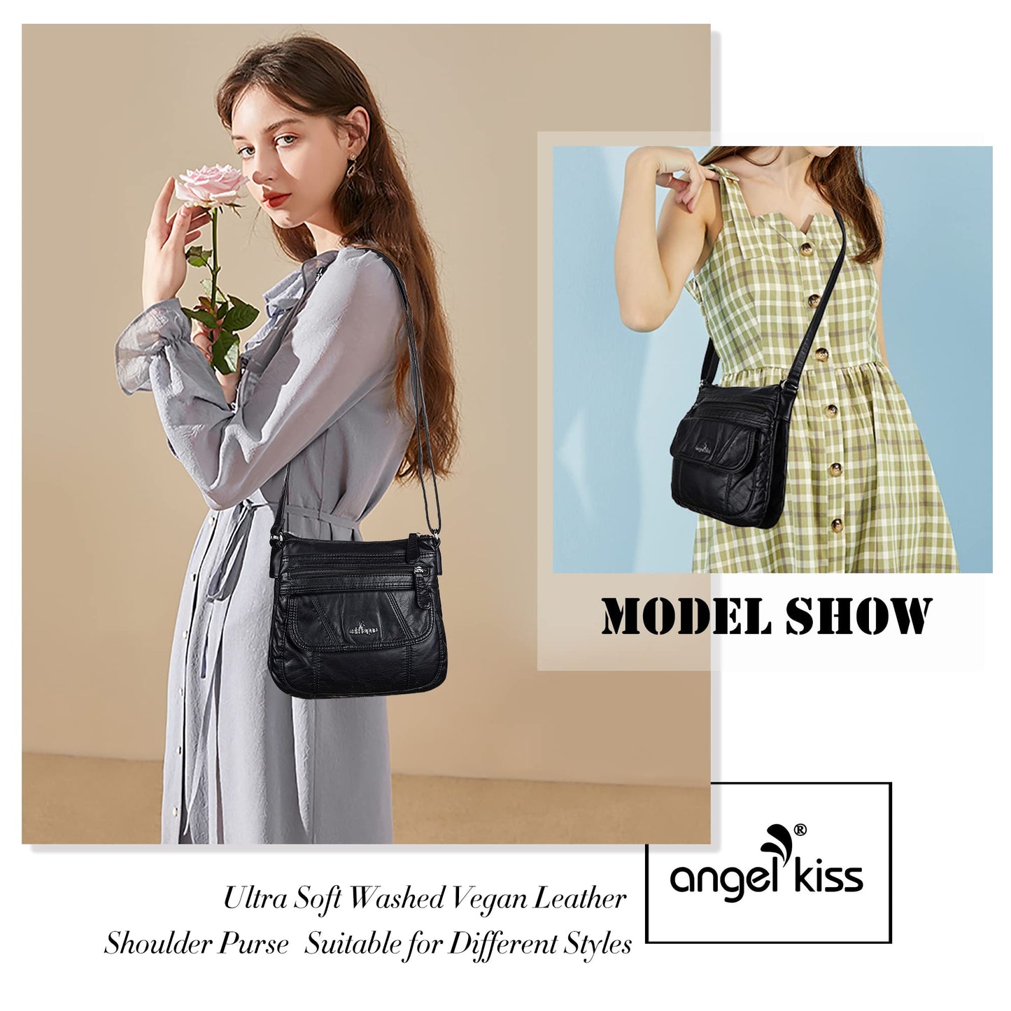 Angelkiss Small Womens Crossbody Bag Leather Shoulder Purse for Women Hobo Bag with Adjustable Shoulder Strap Black