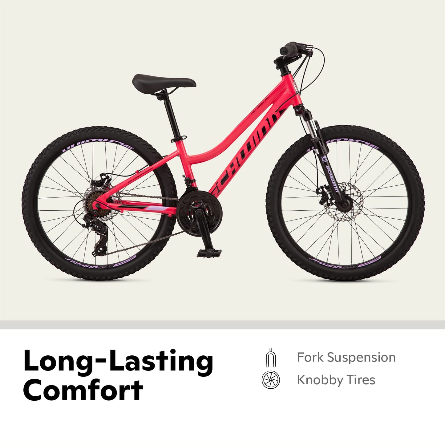 Schwinn High Timber ALX Mountain Bike for Youth Boys Girls, 24-Inch Wheels, 21-Speeds, Front Suspension, Aluminum Frame, Mechanical Disc Brakes, Coral
