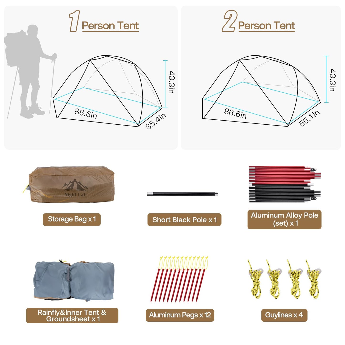 Night Cat Ultralight Backpacking Tent: Waterproof Lightweight Single People Camping Tent for Outdoor Hiking Trekking with Double Layers Aluminum Poles and Footprint 1 Person Khaki