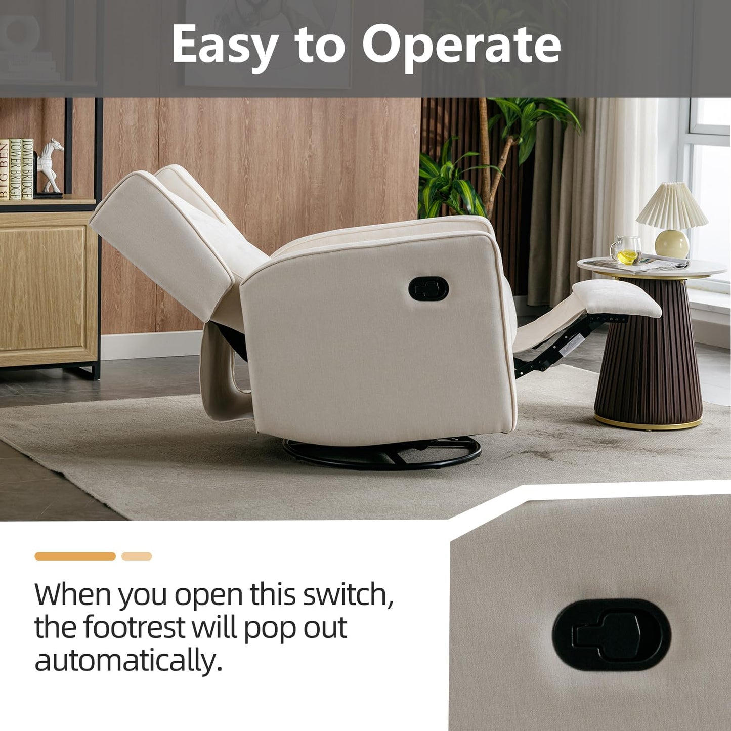 Swivel Rocker Recliner Chair, Nursery Glider Chair, Nursery Rocking Chairs, Manual Reclining Chair, White