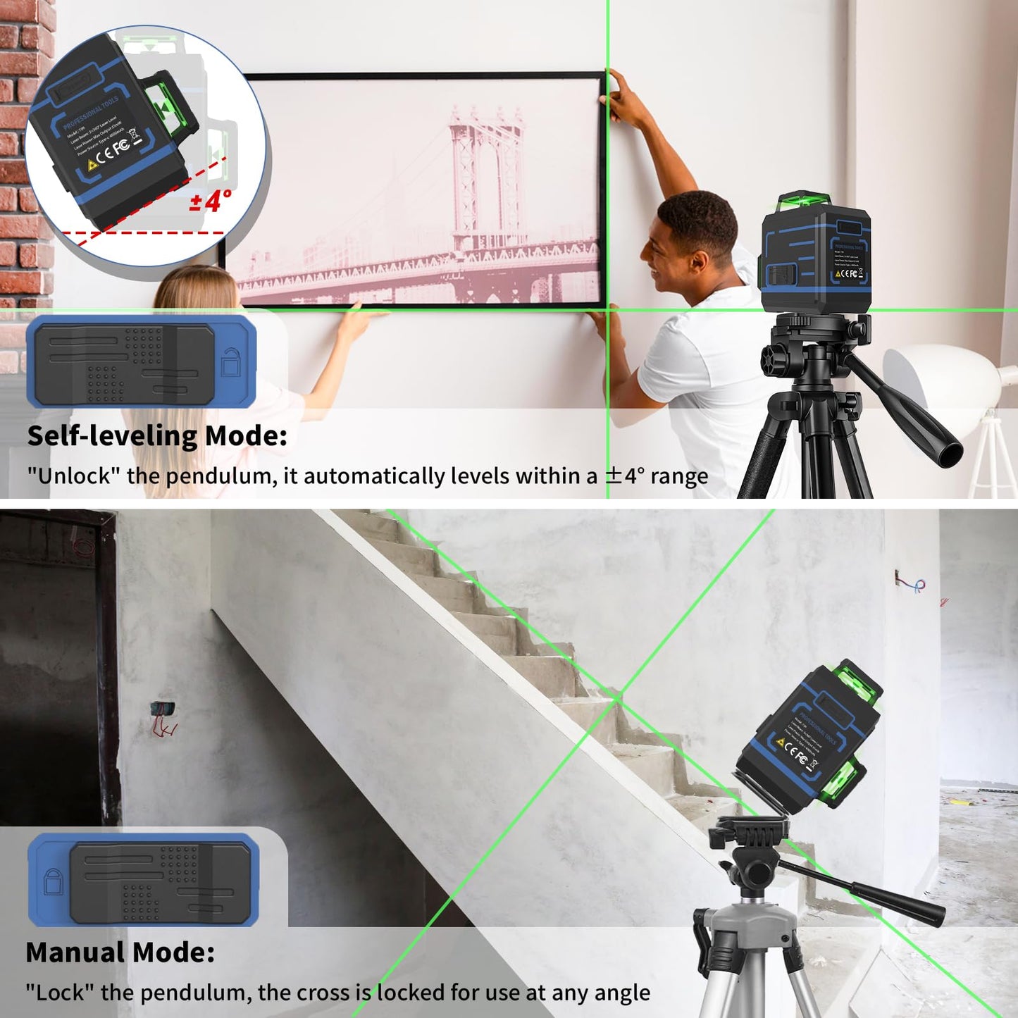 APOWER Laser Level 360 Self Leveling, 3 x 360°Cross Line Laser for Pictures Hanging, Floor Tile, DIY Projects and Home Renovation, L-Magnetic Bracket, Green Lazer Leveler Tool