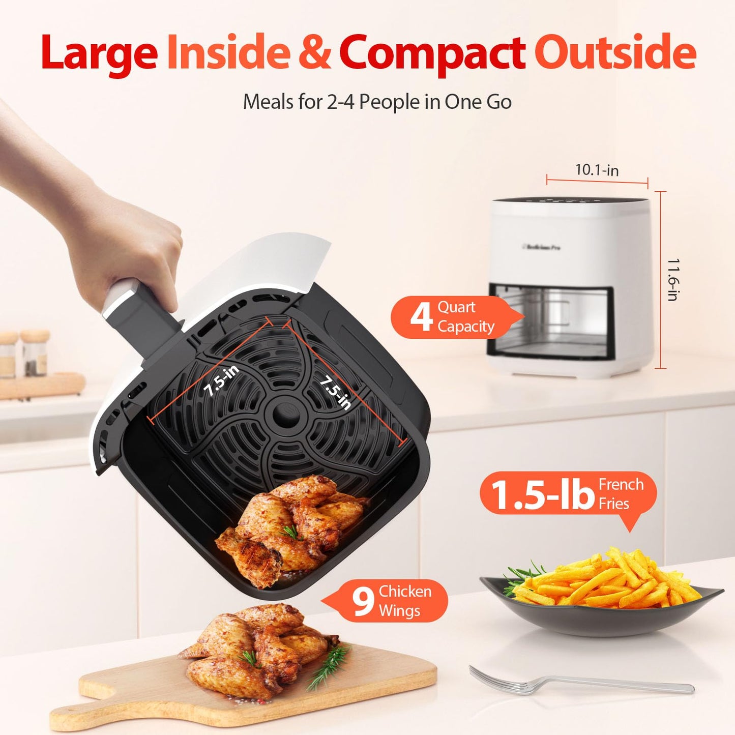 Air Fryer, Beelicious 8-in-1 Smart Compact 4QT Air Fryers,Shake Reminder,450°F Digital Airfryer with Flavor-Lock Tech,Tempered Glass Display,Fit for 1-3 People, Bright White