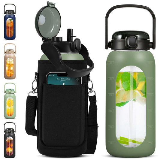 Glass Water Bottles 64 oz - Large Half Gallon Motivational Glass Water Bottle with Time Marker Straw Phone Holder Handle, 64oz Daily Water Intake Jug with Silicone Sleeve for Office Work Gym Olive