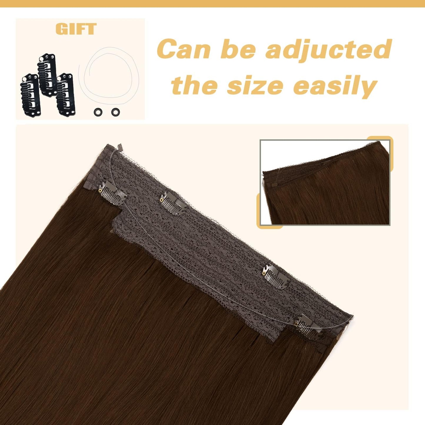 Anrosa Fish Line Hair Extensions Real Human Hair Chocolate Brown Color 4 Hidden Wire Hair Extensions Headband Adjustable Size Removable Secure Secret Extensions Human Hair 14 Inch 75g