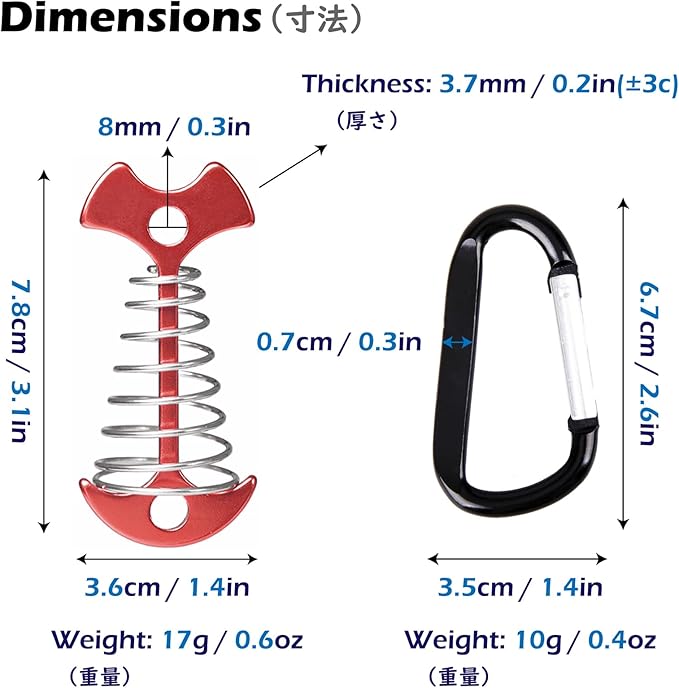 TRIWONDER 6pcs Deck Plank Board Tent Stakes Aluminum Spring Anchor Fishbone Guyline Cord Adjuster Tent Pegs with Carabiners for Outdoor Camping Hiking