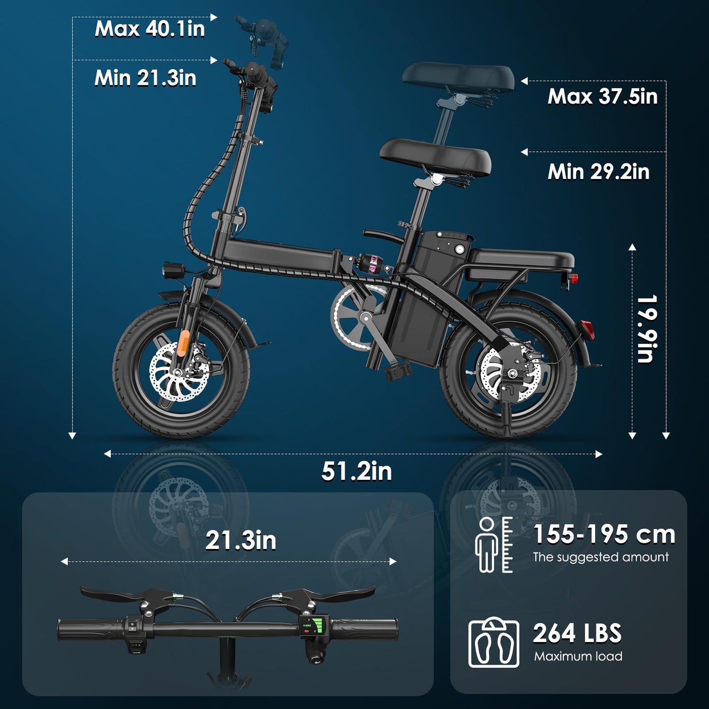 RPINT Electric Bike for Adults 500W/750W Peak Motor, 14" Folding E Bike with 48V 10Ah Removable Battery, Electric Bicycles with 25 Miles PAS Range, Foldable Mini E-Bikes for Teens (E14 Black)