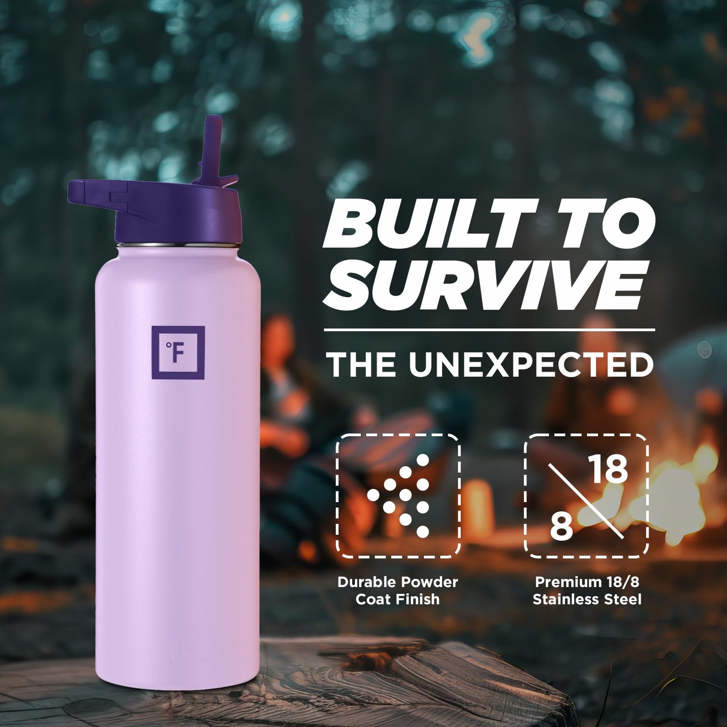 IRON °FLASK Camping & Hiking Hydration Flask, Wide Mouth, 3 Straw Lids, Stainless Steel Outdoor Water Bottle, Double Walled, Insulated Thermos, Metal Canteen - Lavender Bliss, 40 Oz