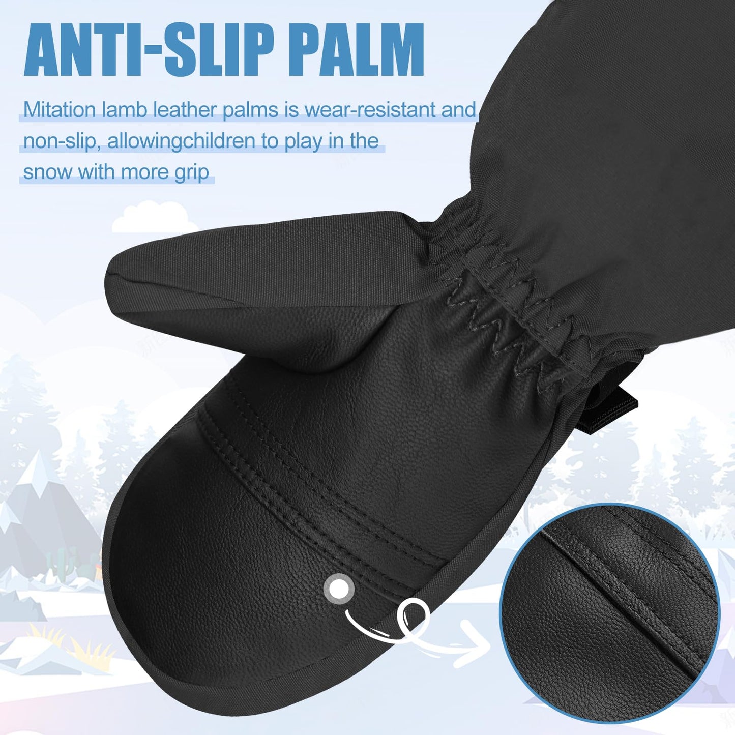 Andake Kids Ski Mittens Gloves with Long Cuff Waterproof Winter Warm Snow Gloves for Toddler Baby Girls and Boys (Black,3-6Y)