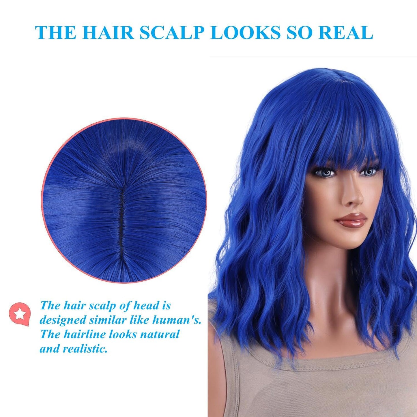 AneShe Dark Blue Wig Short Colored Wavy Bob Wigs with Bangs Curly Synthetic Colorful Wigs Blue Costume Wigs for Party Cosplay (14" Dark Blue)